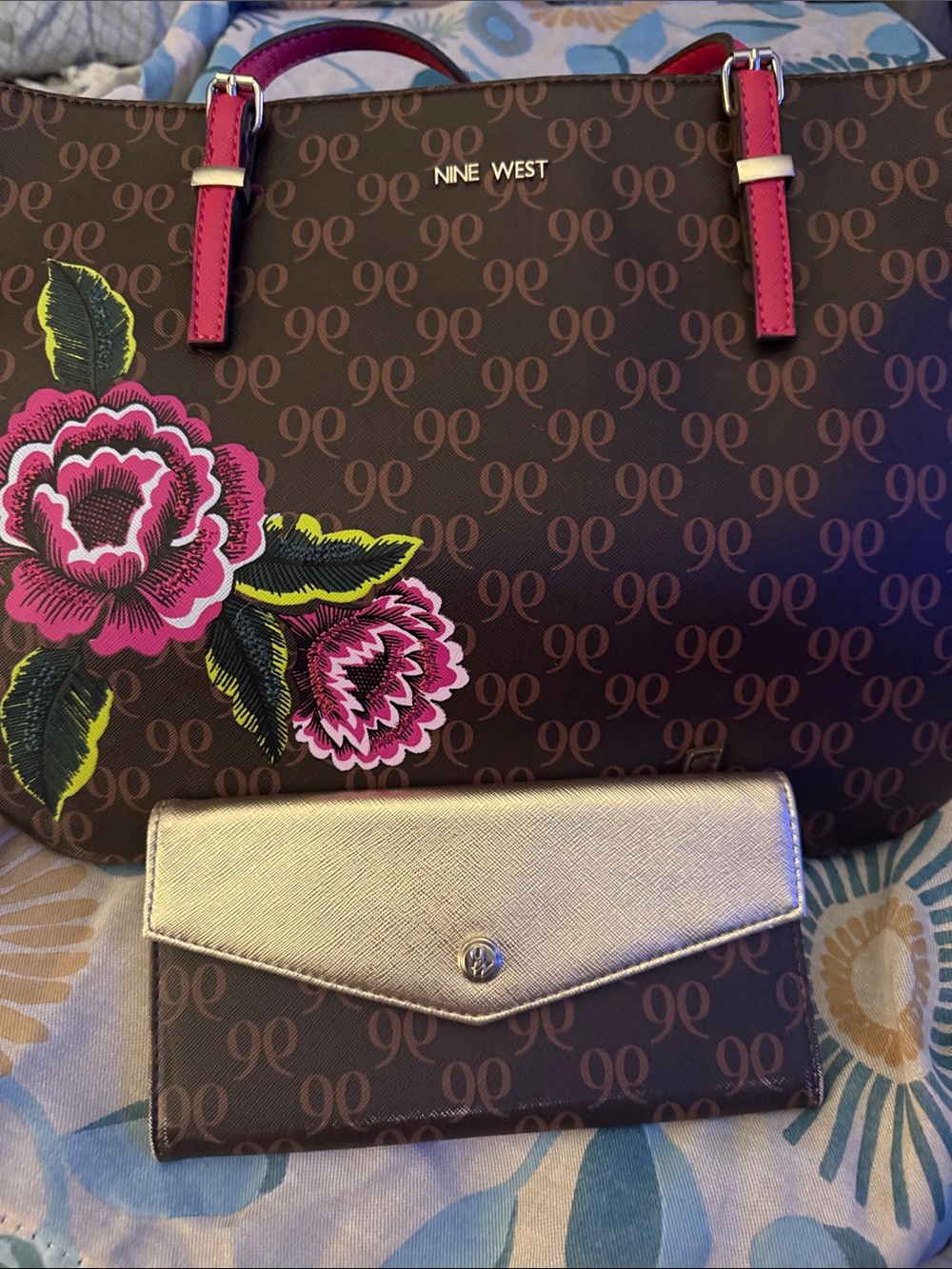Nine West Brown Tote with Pink Floral Applique and Gold Wallet